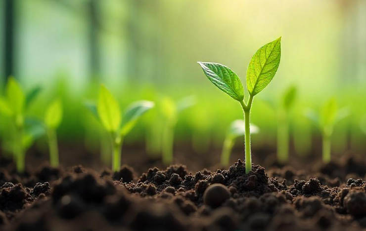 Young plant growing in soil, symbolizing sustainability with comfortemp® innovation.