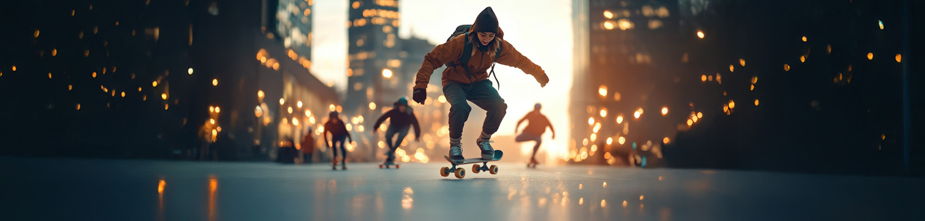 A young skateboarder in a brown jacket with comfortemp® insulation, with friends skating in the background.