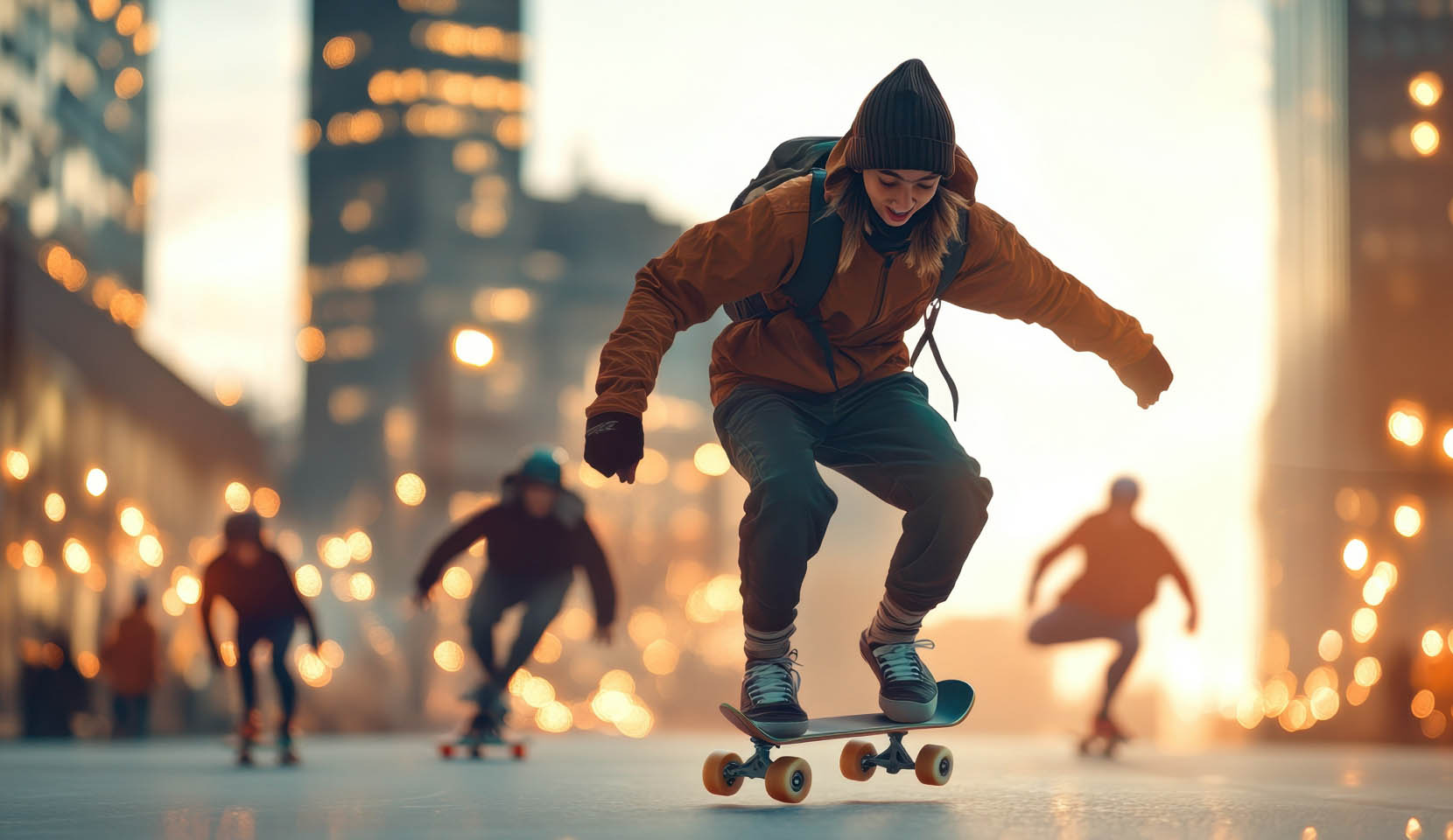 A young skateboarder in a brown jacket with comfortemp® insulation, with friends skating in the background.